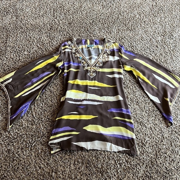 Taj By Sabrina Crippa Silk Beaded tunic Multi Color Top Size M - Picture 10 of 14